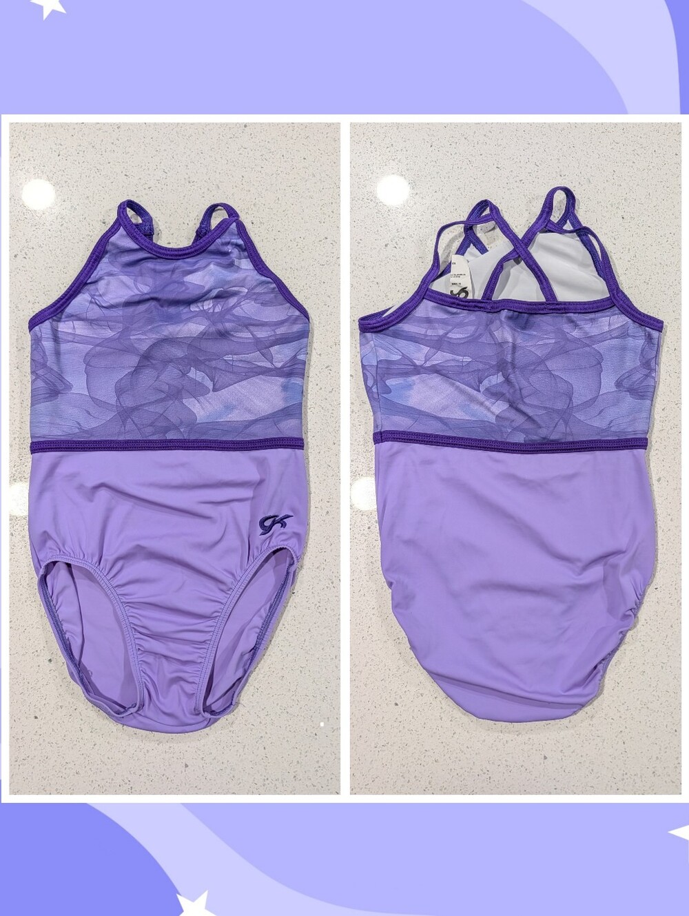 GREAT GK Elite Small Gymnastics Dance Leotard Ombre Purple Swirls STRAPPY BACK